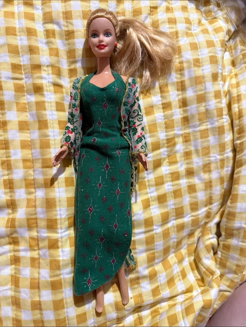 Barbie doll in SparklingGreen Embroidered Halter Maxi Dress with Floral Cardigan